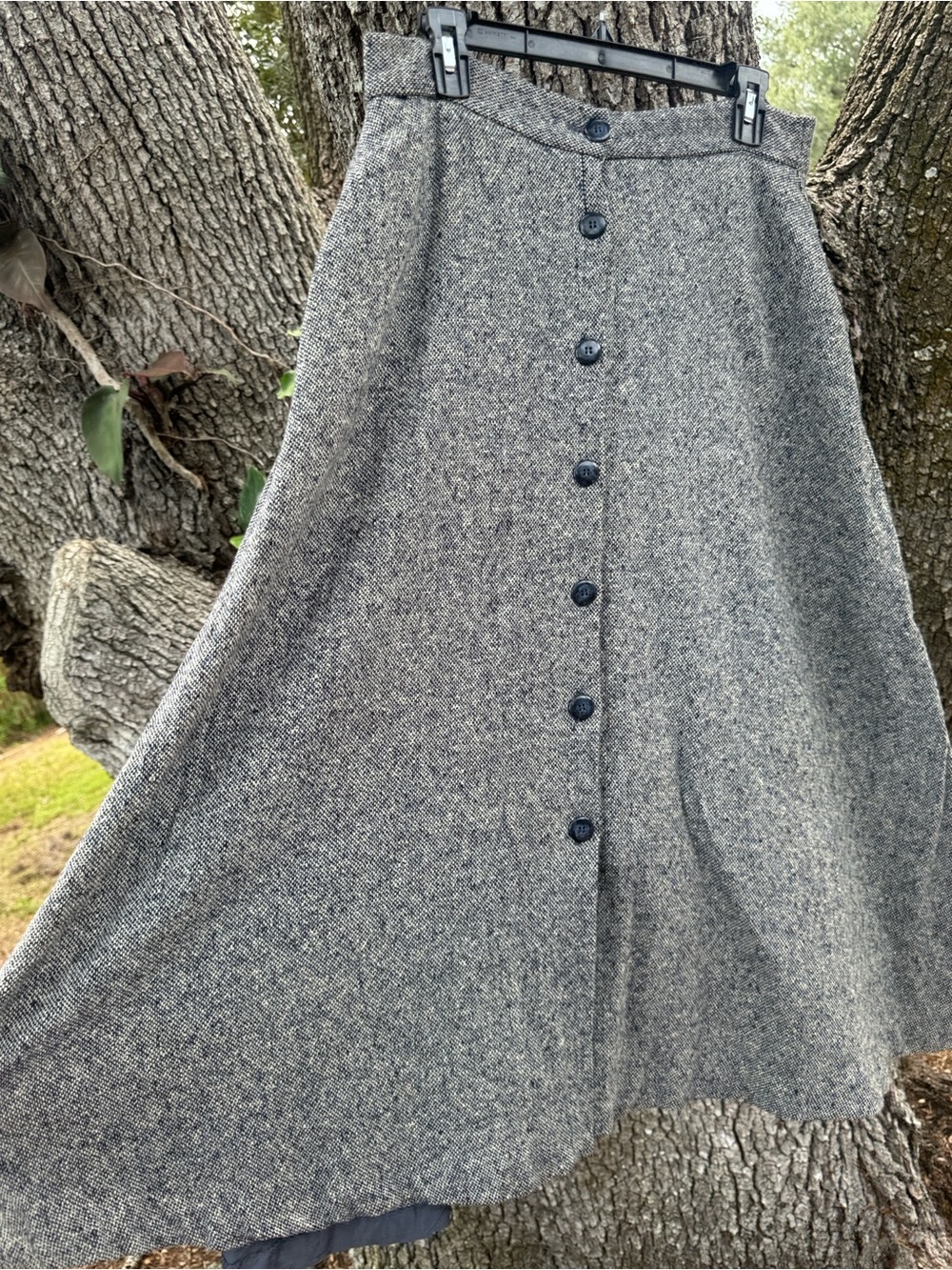 Vtg.80s Orvis High Waist Tweed Wool Button Front Skirt in Blue + Gray.Size 12